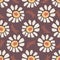 1970s Retro Daisy Wildflower Motif Background. Naive Margerite Flower Seamless Pattern. White on Brown. Delicate Leaves