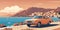 1980s car cruising along Italian coastline: minimalist summer scene