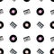 1980s retro seamless pattern. Vintage loopable background with vinyl records and audio tapes
