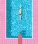 1980s style summer holiday poster with swimmer in swimming pool. Pink grunge worn tiles and water texture.