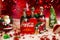 1997 6 pack Glass Coca Cola bottle and Holiday scene Santa striped candle close up