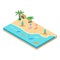 2.5D Sandy beach concept vector illustration. Sandy beach vector with surfboard and resort concept and coconut tree. Seashore 3D