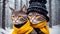 2 anthropomorphic cats in a snowy forest stand next to each other. Cats in a hat and scarves. Generative AI
