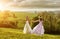 2 beautiful bride in the morning , the idyllic meadow , friendship symbol