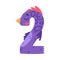 2 bird number. Two purple numeral with eyes, beak and wings cute cartoon vector illustration