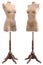 2 cloth shop dummies on wooden tripod stands - angled poses