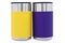2 cold storage cups, yellow and purple on white background.