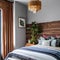 2 A cozy, bohemian-inspired bedroom with a mix of patterned and solid bedding, a mix of antique and modern furniture, and a wove