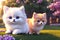 2 cute cartoon cats with short paws and blue eyes. White and red. Close-up. Generative AI