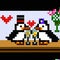 2 cute penguins dining in a restaurant kissing on valentines day with champagne