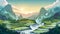 2 dimensional mountain landscape background with a parallax effect for video games. Paddy plantation, cascades and