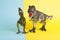 2 dinosaurs fighting on a yellow and blue background