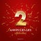 2 golden number and Anniversary Celebrating text with golden serpentine and confetti on red background. Vector second