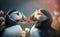 2 grown puffins with their beak greeting in morning, blurred white flowers background, generative AI