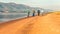 2 married elderly couples walks along the sandy beach of the Volga River against the backdrop