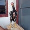 2 month old black and white chick posing on a wooden stage so beautiful