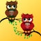 2 red cute flirtatious owls on branches, with a cup of steaming coffee, tea or chocolate
