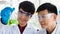 2 Scientist asian adults man wearing eyeglass look at glassware as green liquid in laboratory