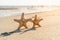 2 sea stars standing on golden sand near sea. Couple on summer vacation concept