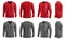 2 Set of men red maroon grey gray front, back and side view V neck long sleeve tee shirt t-shirt on transparent, PNG