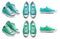 2 Set of turquoise blue green sneaker lace up sport-shoe sports shoe front, top and side view on transparent cutout, PNG