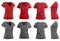 2 Set of woman red maroon grey gray tee t shirt v-neck slim cut, front back and side view on transparent cutout, PNG