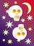2 skulls on the purple and red background, moon and stars. Horror and fear for the holiday of Halloween.