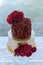 2 tier wedding cake decorated with gold and red rosette ruffles