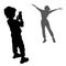 2 vector silhouettes. Girl posing with arms outstretched to the sides. Black silhouette of a little boy, a child stands