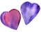 2 Watercolor hand painted violet blurred hearts. Isolated elements on white background