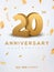 20 Anniversary gold numbers with golden confetti. Celebration 20th anniversary event party template