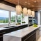 20 A contemporary kitchen with sleek cabinetry, a waterfall countertop, and statement pendant lighting1, Generative AI