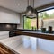 20 A contemporary kitchen with sleek cabinetry, a waterfall countertop, and statement pendant lighting3, Generative AI