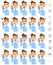 20 different facial expressions and upper body of a man in a shirt talking on a smartphone