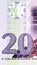 20 Meticais polymer banknote, Bank of Mozambique, closeup bill fragment shows Face value