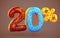 20 percent Off. Discount dessert composition. 3d mega sale symbol with flying sweet donut numbers. Sale banner or poster
