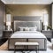 20 A transitional-style bedroom with a mix of neutral and metallic finishes, a low platform bed, and a mix of patterned and soli