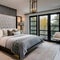 20 A transitional-style bedroom with a mix of neutral and metallic finishes, a low platform bed, and a mix of patterned and soli