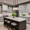 20 A transitional-style kitchen with a mix of neutral and metallic finishes, a large island with seating, and a mix of open and