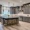 20 A transitional-style kitchen with a mix of neutral and metallic finishes, a large island with seating, and a mix of open and