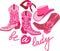 2000s style. Pink trendy collection. Retro cowgirl in pink. Glamorous set for woman in fashionable color. Be a lady