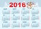 2016 Calendar template. Monkey goes skiing