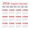 2016 European English Calendar. Week starts on Monday