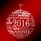 2016 new year multilingual text word cloud greeting card in the shape of a christmas ball