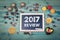 2017 review. Christmas and holiday background. Ornaments and decor on a wooden table