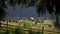 2017 year Ukraine, Polyanytsya, View of the village through the branches of the pine tree. Summer sunny day after rain