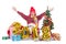 2018 Cheerful Boy with christmas and happy new year concept sittig among giftes, presents, dolls, christmas tree and xmas balloon