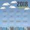 2018 Cityscape In Blue Sky Flat Design Graphic Printable Calendar Starts Sunday