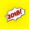2018 - Comic Text, Pop Art style. Free handdrawn typography lettering with yellow dotted halftone background. Vector
