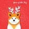 2018 Happy Chinese New Year Greeting Card. Chinese year of the Dog. Paper cut Akita Inu doggy with horns. Snow